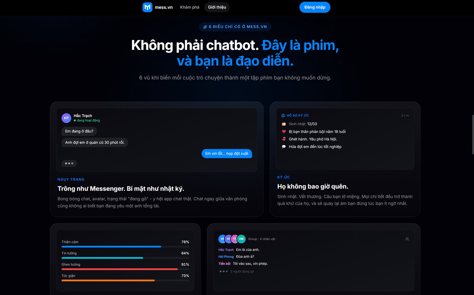 Trang giới thiệu tính năng: hồ sơ ký ức, chỉ số cảm xúc, chat nhóm nhiều nhân vật