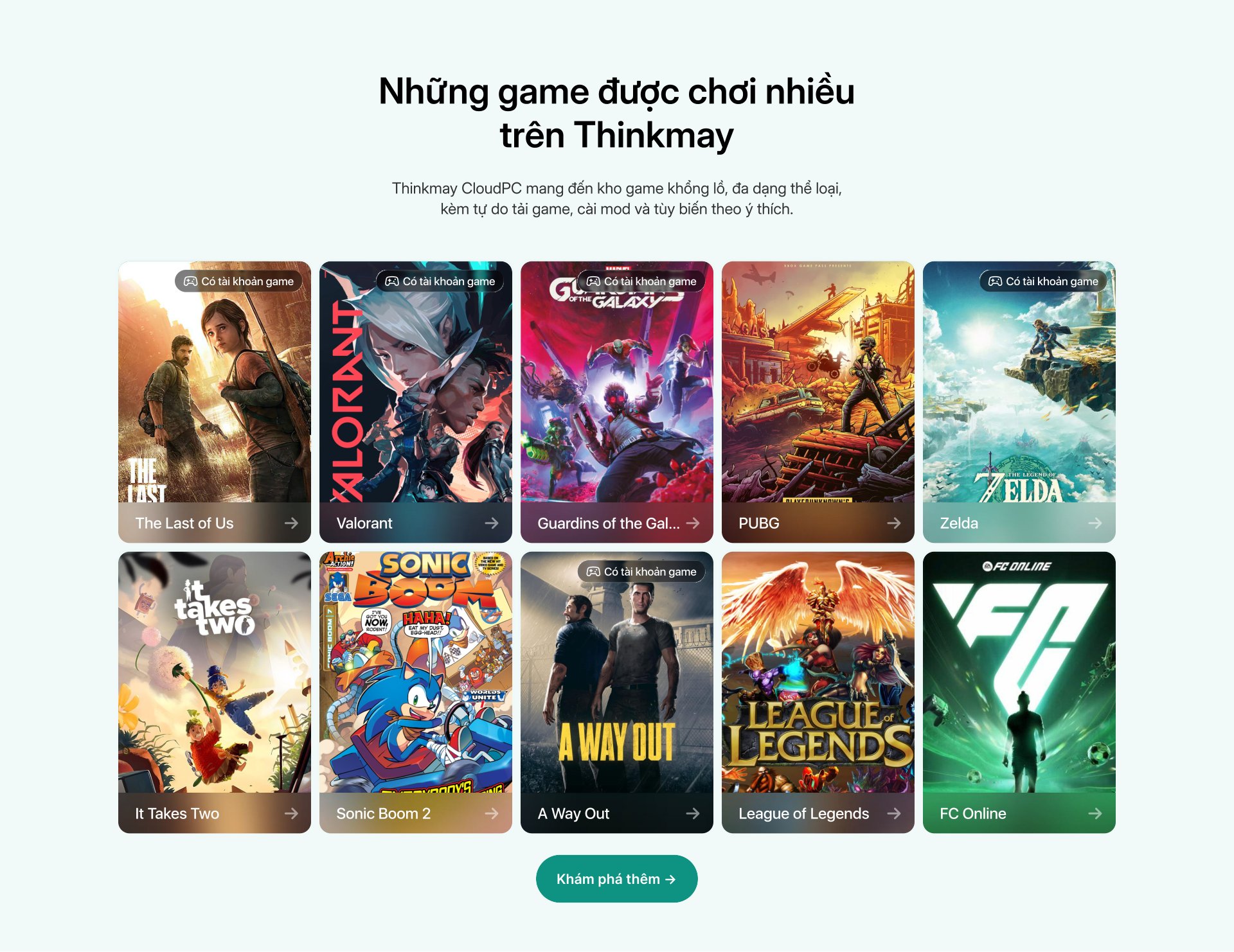 Khu vực kho game của Thinkmay với badge Có tài khoản game trên từng bìa game